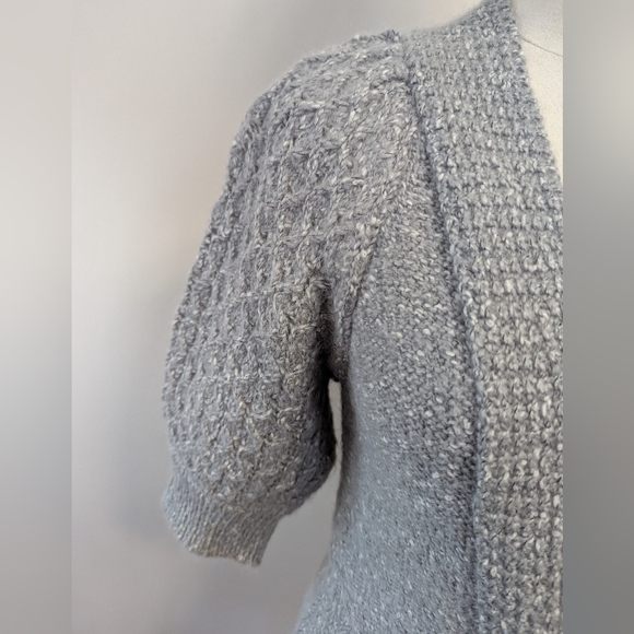 Grey Puff Sleeve Alpaca Blend Sweater Peplum V-neck - Picture 5 of 11